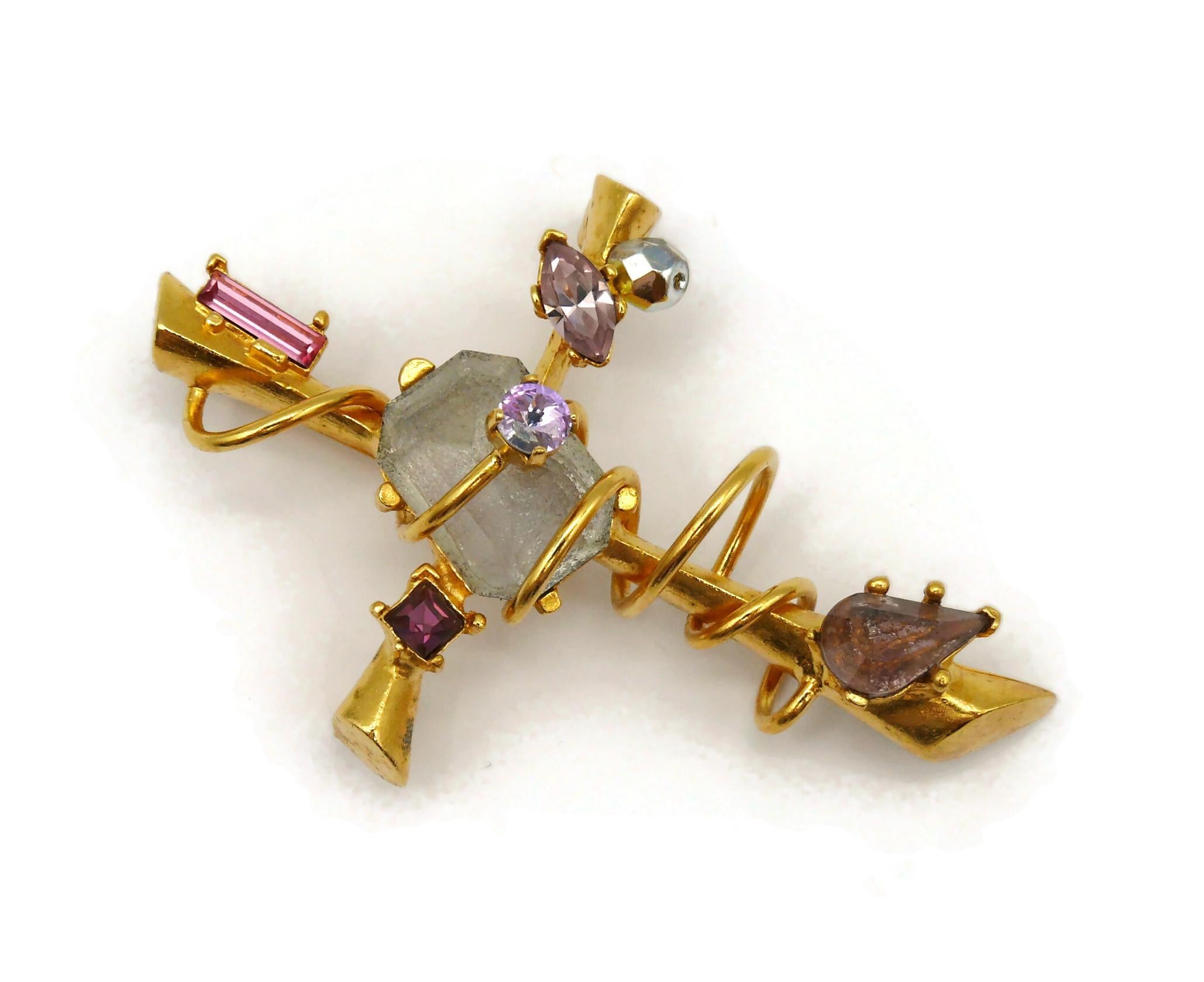 Women's CHRISTIAN LACROIX Vintage Jewelled Gold Tone Cross Brooch Pendant For Sale