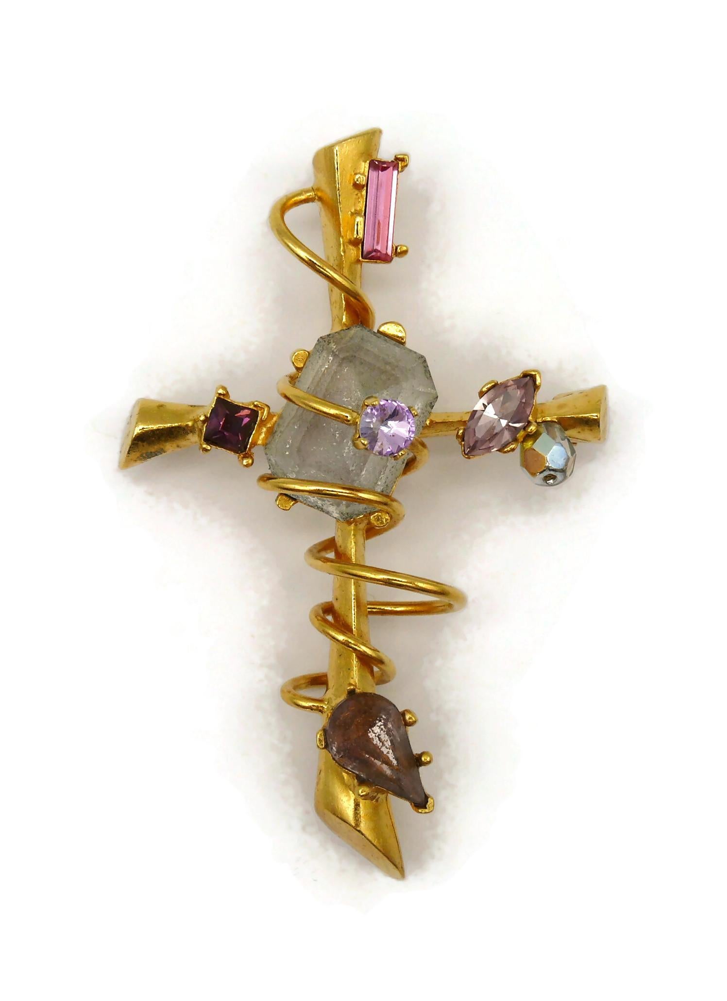 CHRISTIAN LACROIX Vintage Jewelled Gold Tone Cross Brooch Pendant For Sale 1