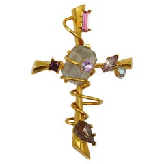 CHRISTIAN LACROIX Vintage Jewelled Gold Tone Cross Brooch Pendant