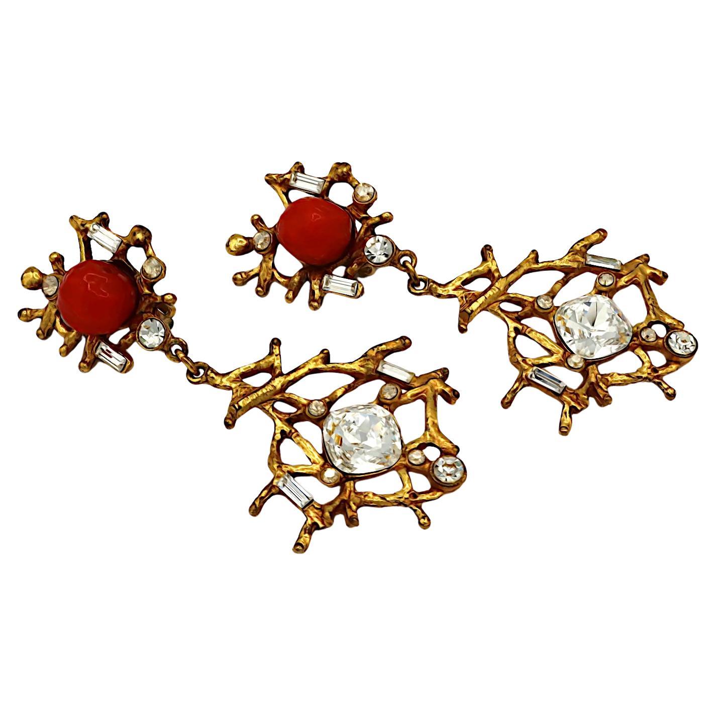 CHRISTIAN LACROIX Vintage Jewelled Gold Tone Dangling Earrings For Sale