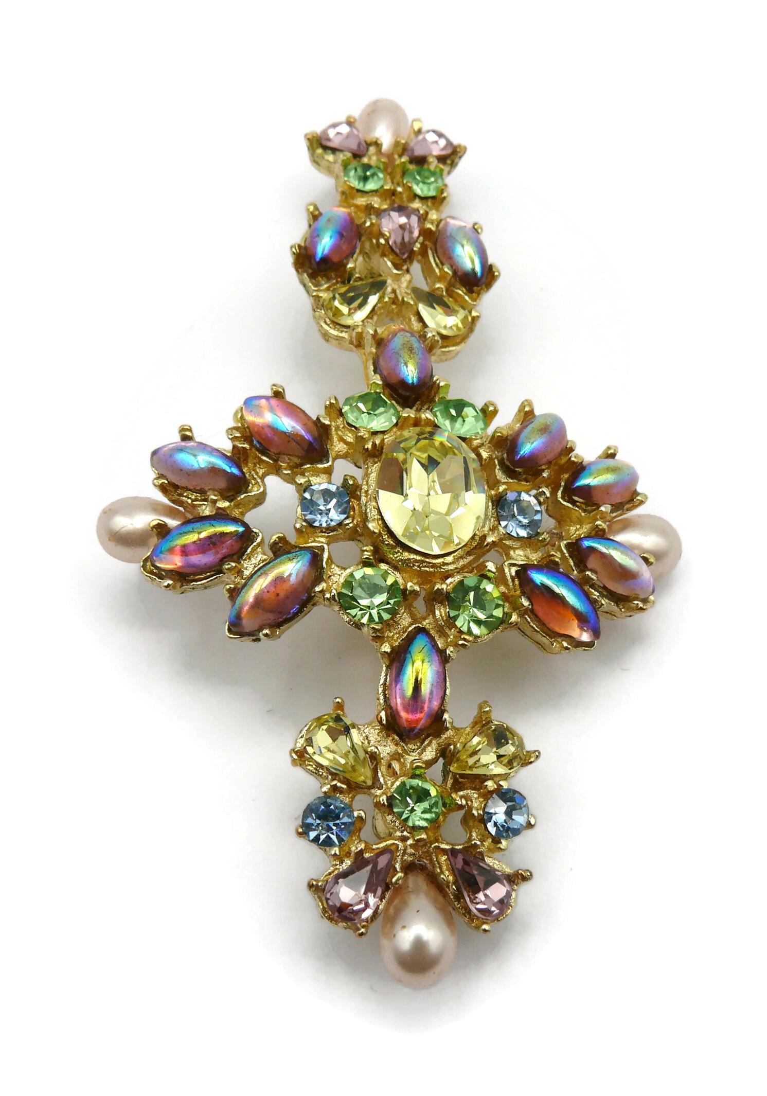 CHRISTIAN LACROIX Vintage Jewelled Gold Tone Opulent Cross Brooch For Sale 6