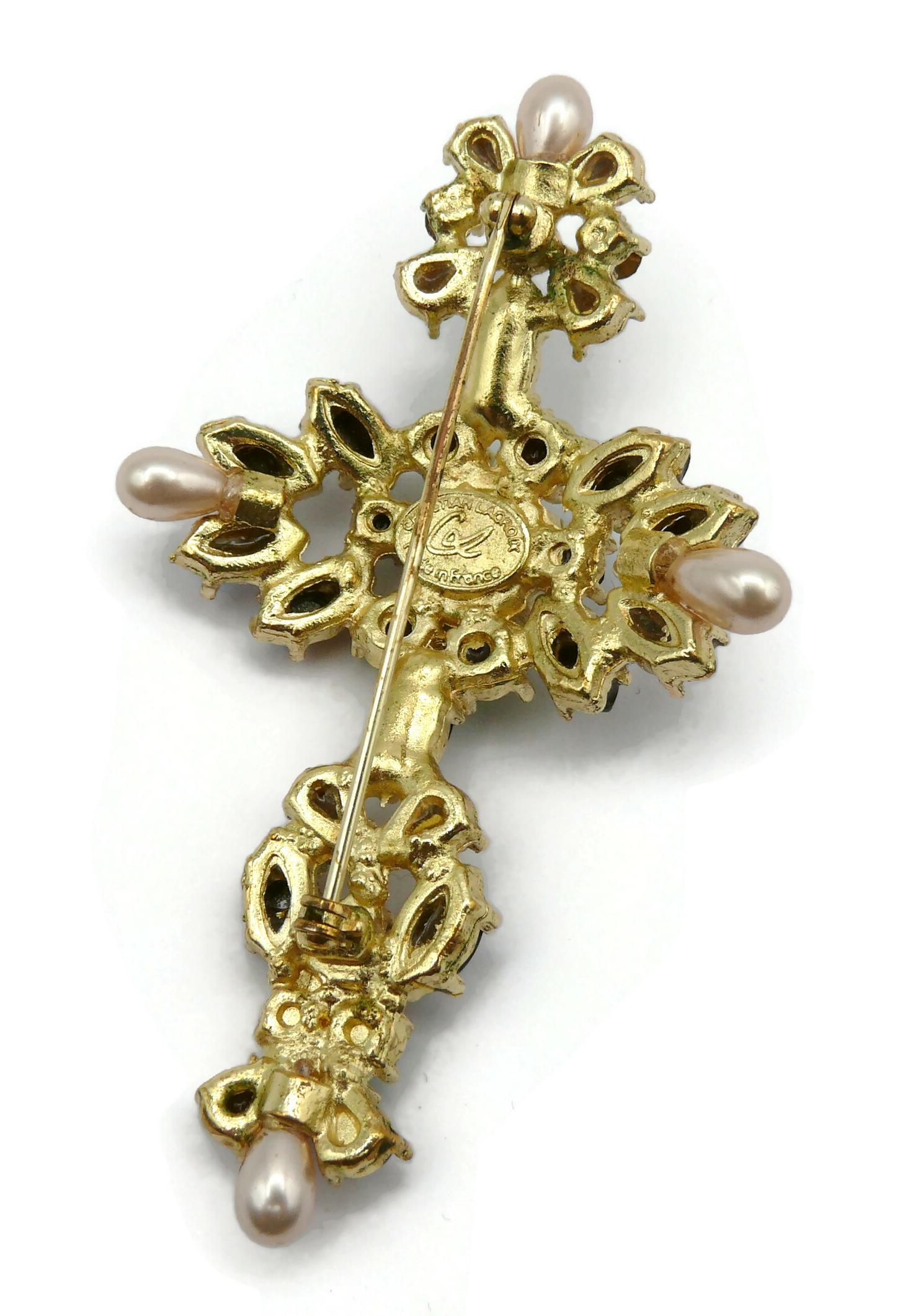 CHRISTIAN LACROIX Vintage Jewelled Gold Tone Opulent Cross Brooch For Sale 7