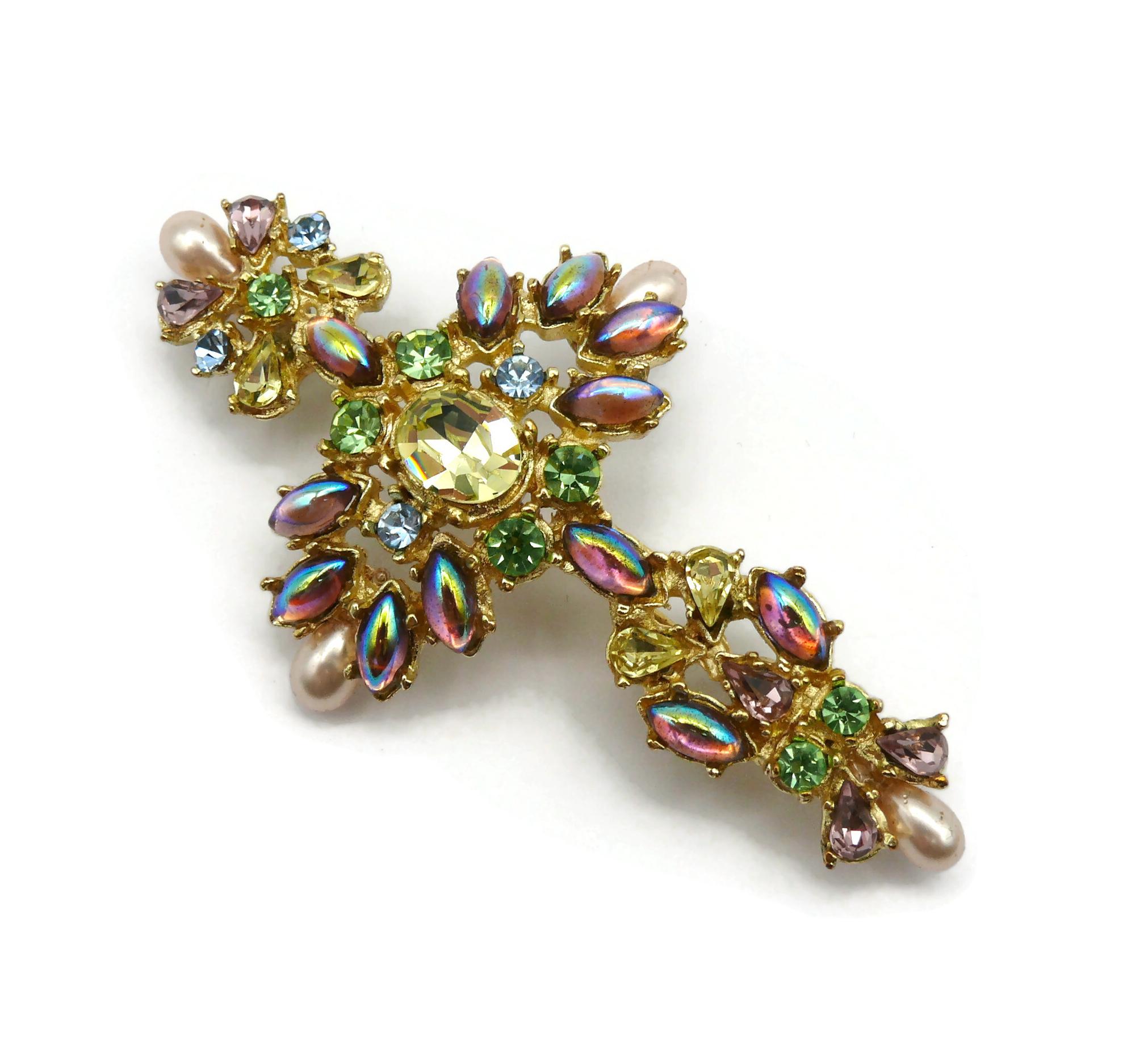 Women's CHRISTIAN LACROIX Vintage Jewelled Gold Tone Opulent Cross Brooch For Sale