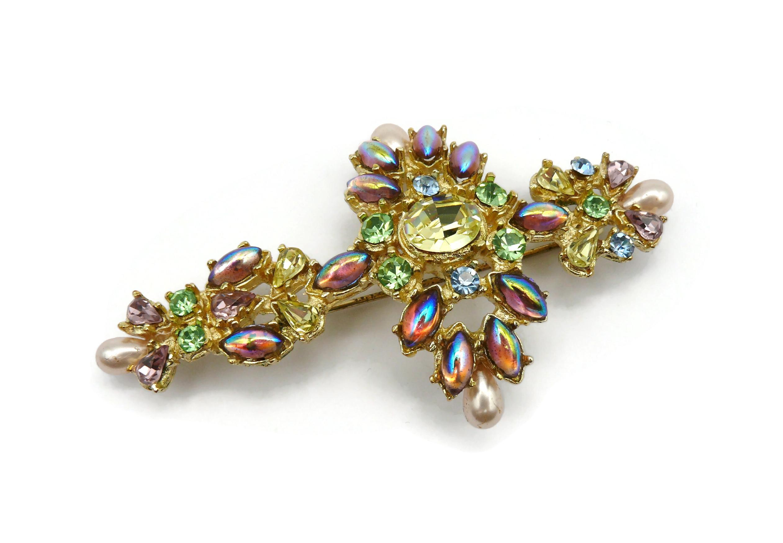 CHRISTIAN LACROIX Vintage Jewelled Gold Tone Opulent Cross Brooch For Sale 2