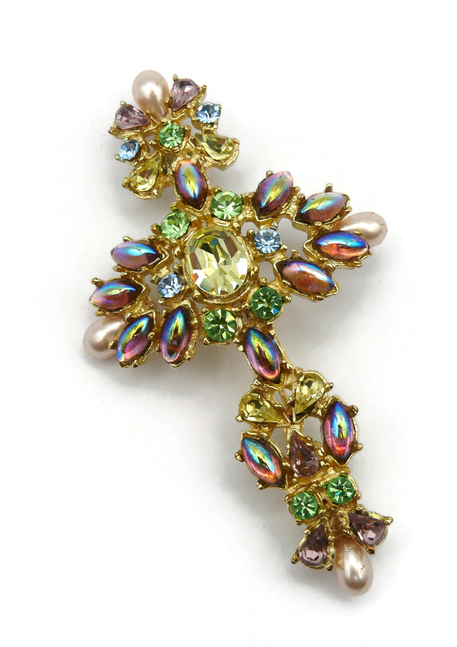 CHRISTIAN LACROIX Vintage Jewelled Gold Tone Opulent Cross Brooch For Sale 3