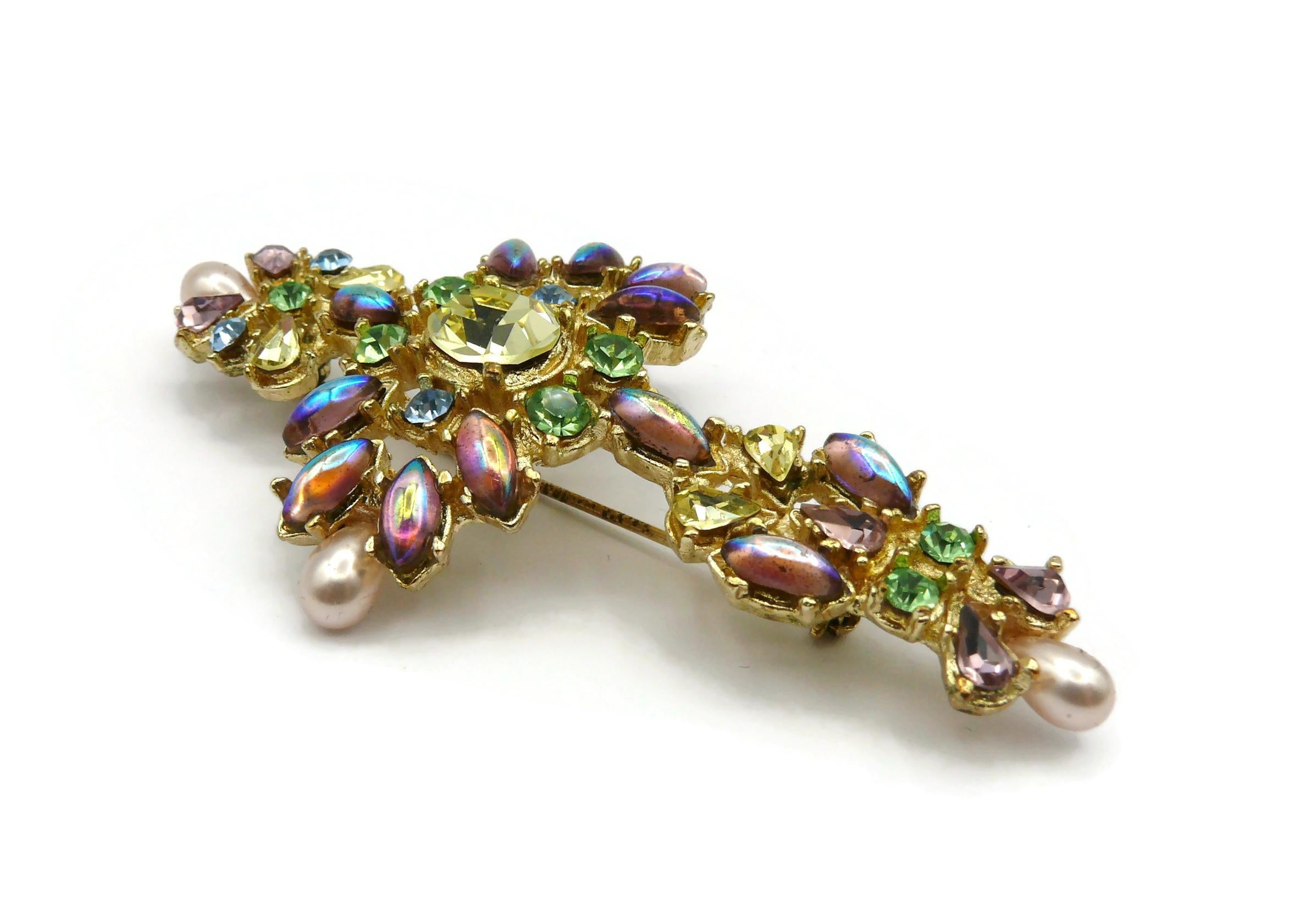 CHRISTIAN LACROIX Vintage Jewelled Gold Tone Opulent Cross Brooch For Sale 4