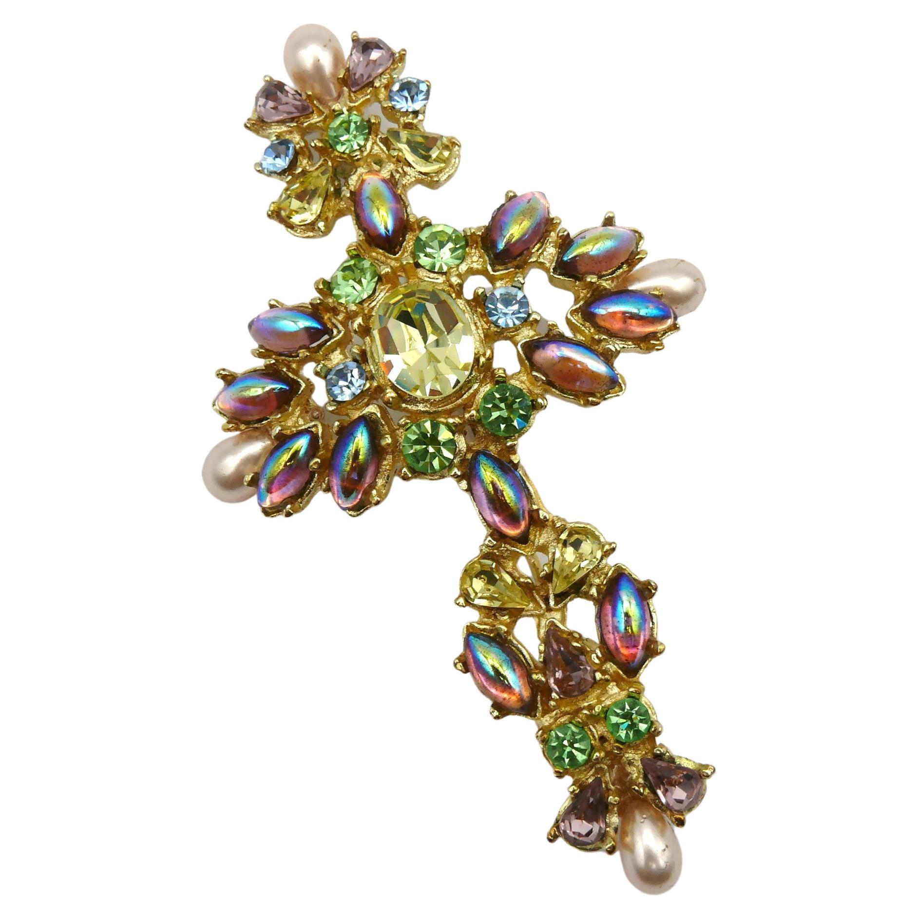 CHRISTIAN LACROIX Vintage Jewelled Gold Tone Opulent Cross Brooch For Sale