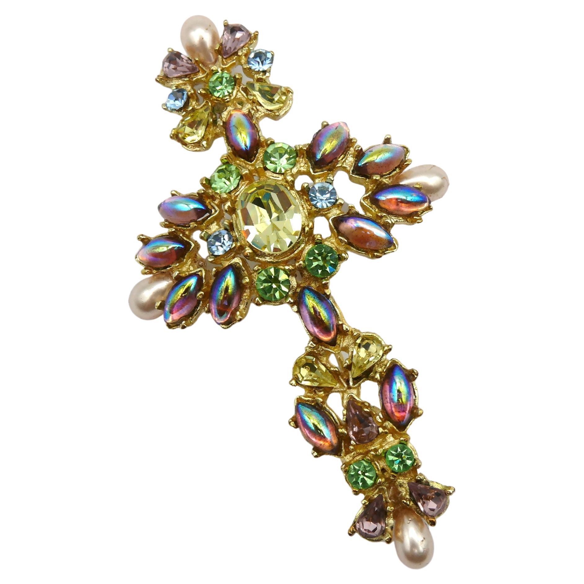 CHRISTIAN LACROIX Vintage Jewelled Gold Tone Opulent Cross Brooch