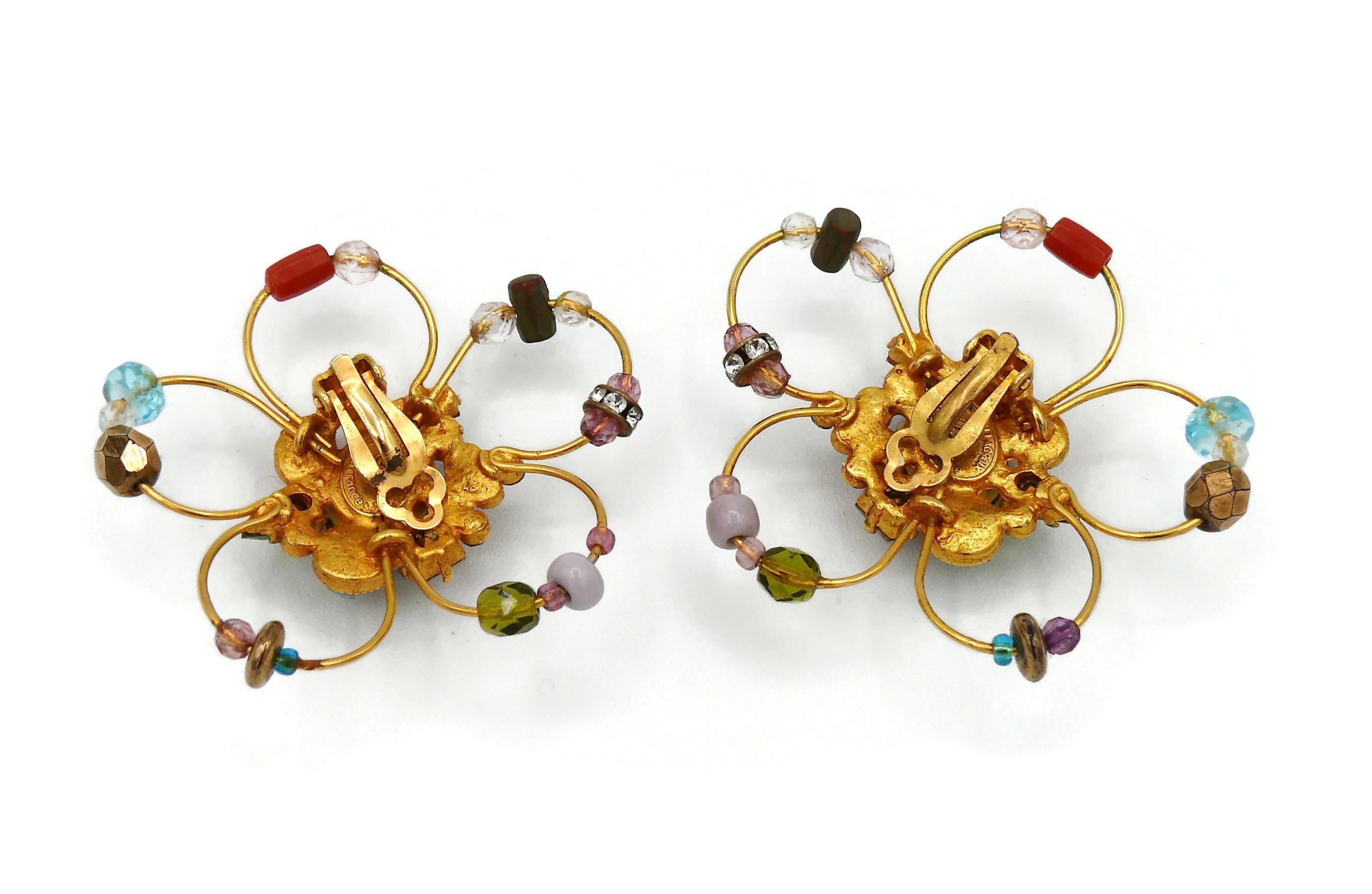 Christian Lacroix Vintage Jewelled Gold Toned Flower Clip-On Earrings For Sale 7