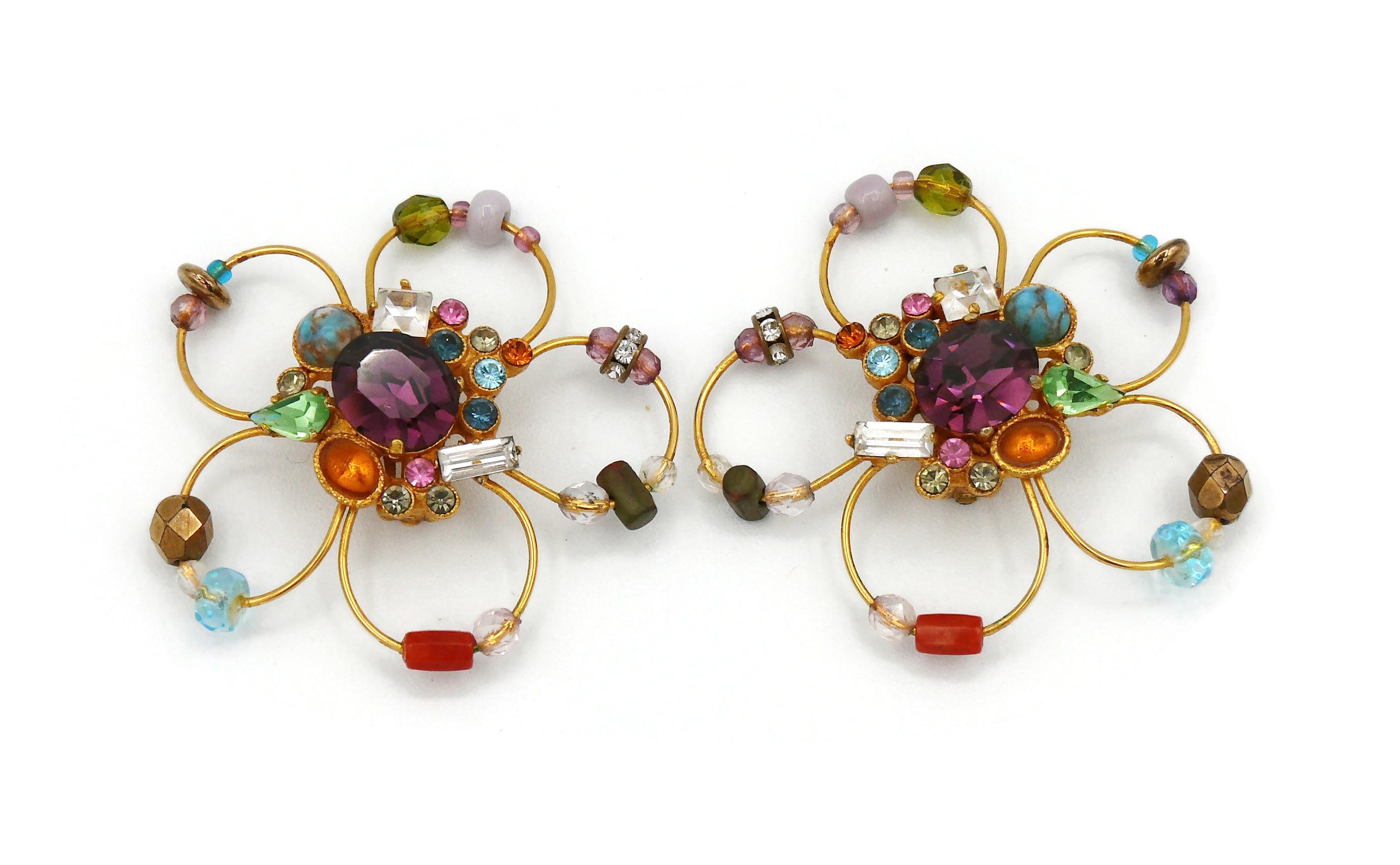 Women's Christian Lacroix Vintage Jewelled Gold Toned Flower Clip-On Earrings For Sale