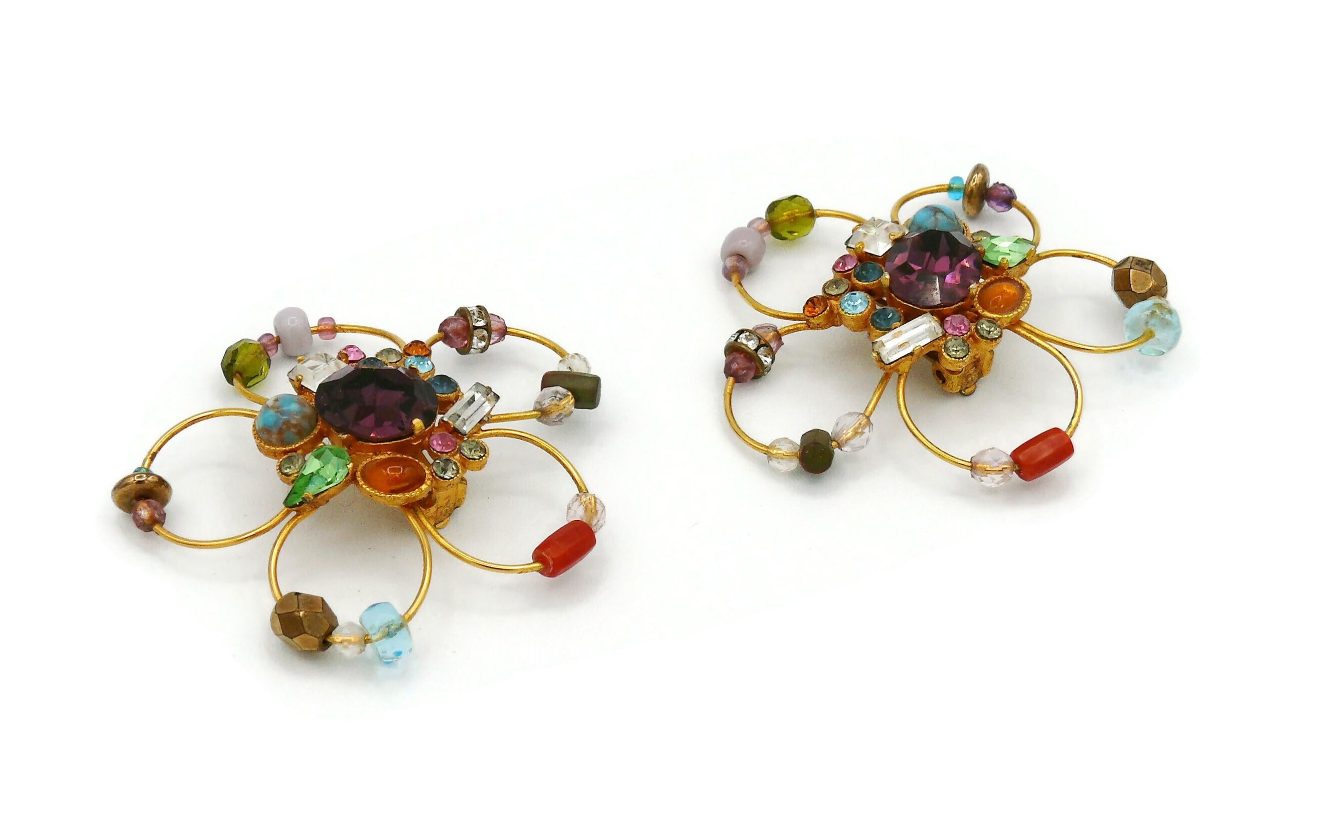 Christian Lacroix Vintage Jewelled Gold Toned Flower Clip-On Earrings For Sale 1