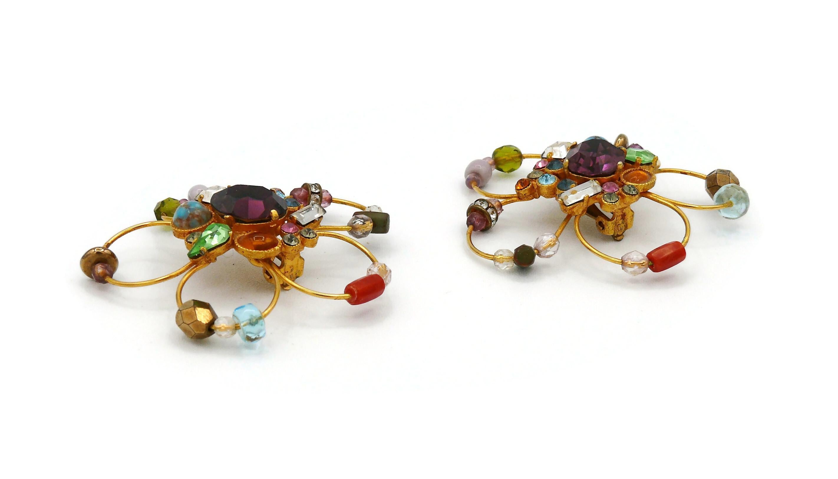 Christian Lacroix Vintage Jewelled Gold Toned Flower Clip-On Earrings For Sale 2
