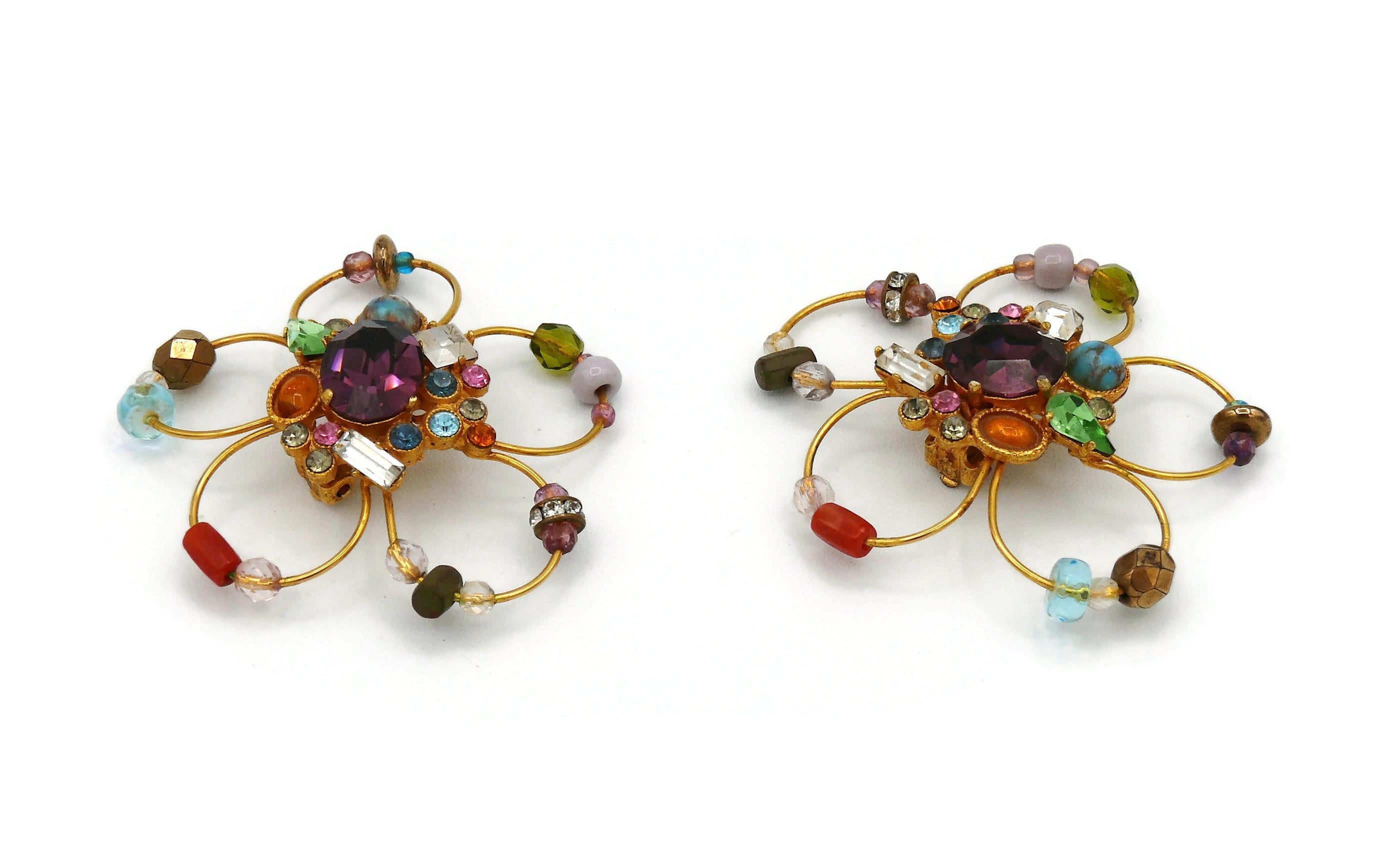 Christian Lacroix Vintage Jewelled Gold Toned Flower Clip-On Earrings For Sale 3