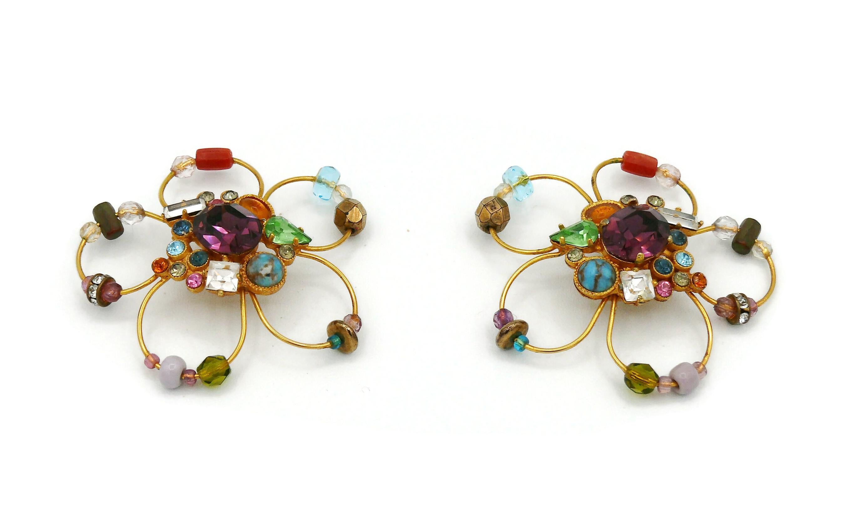 Christian Lacroix Vintage Jewelled Gold Toned Flower Clip-On Earrings For Sale 5