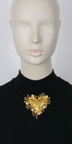 Christian Lacroix Vintage Jewelled Gold Toned Heart Logo Brooch