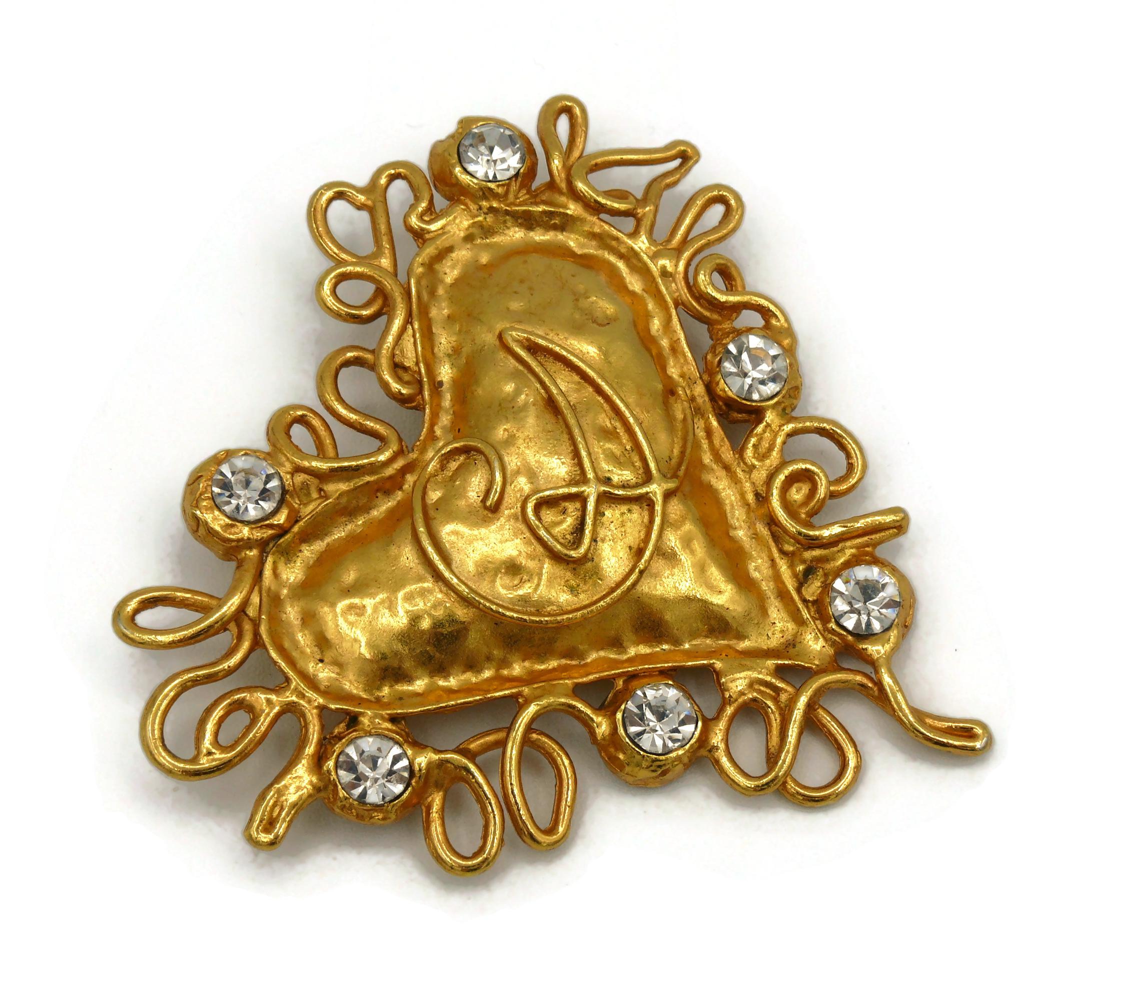 Christian Lacroix Vintage Goldfarbene Logo-Brosche mit Schmucksteinen für das Herz im Zustand „Gut“ im Angebot in Nice, FR