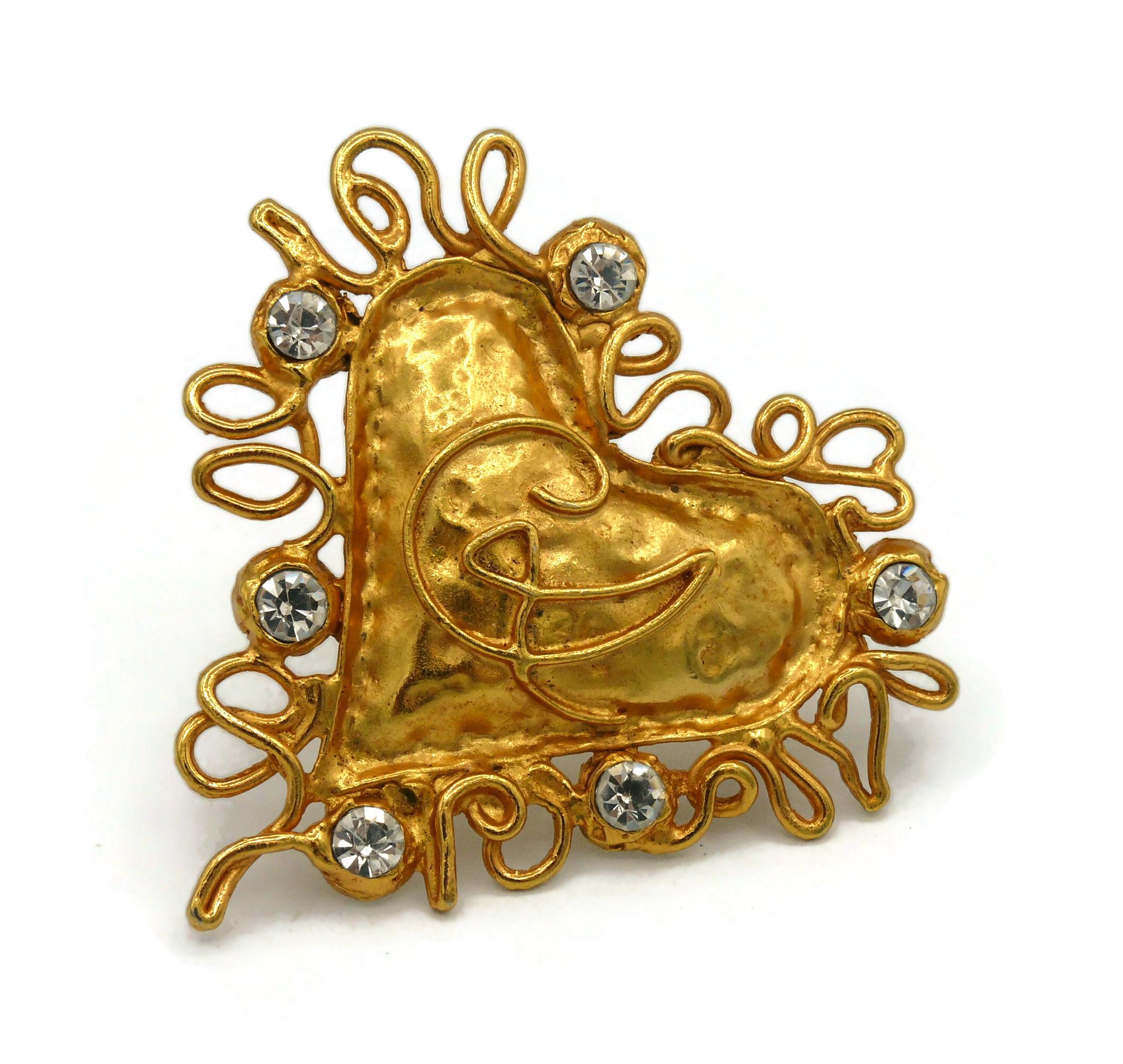 Christian Lacroix Vintage Goldfarbene Logo-Brosche mit Schmucksteinen für das Herz im Angebot 2