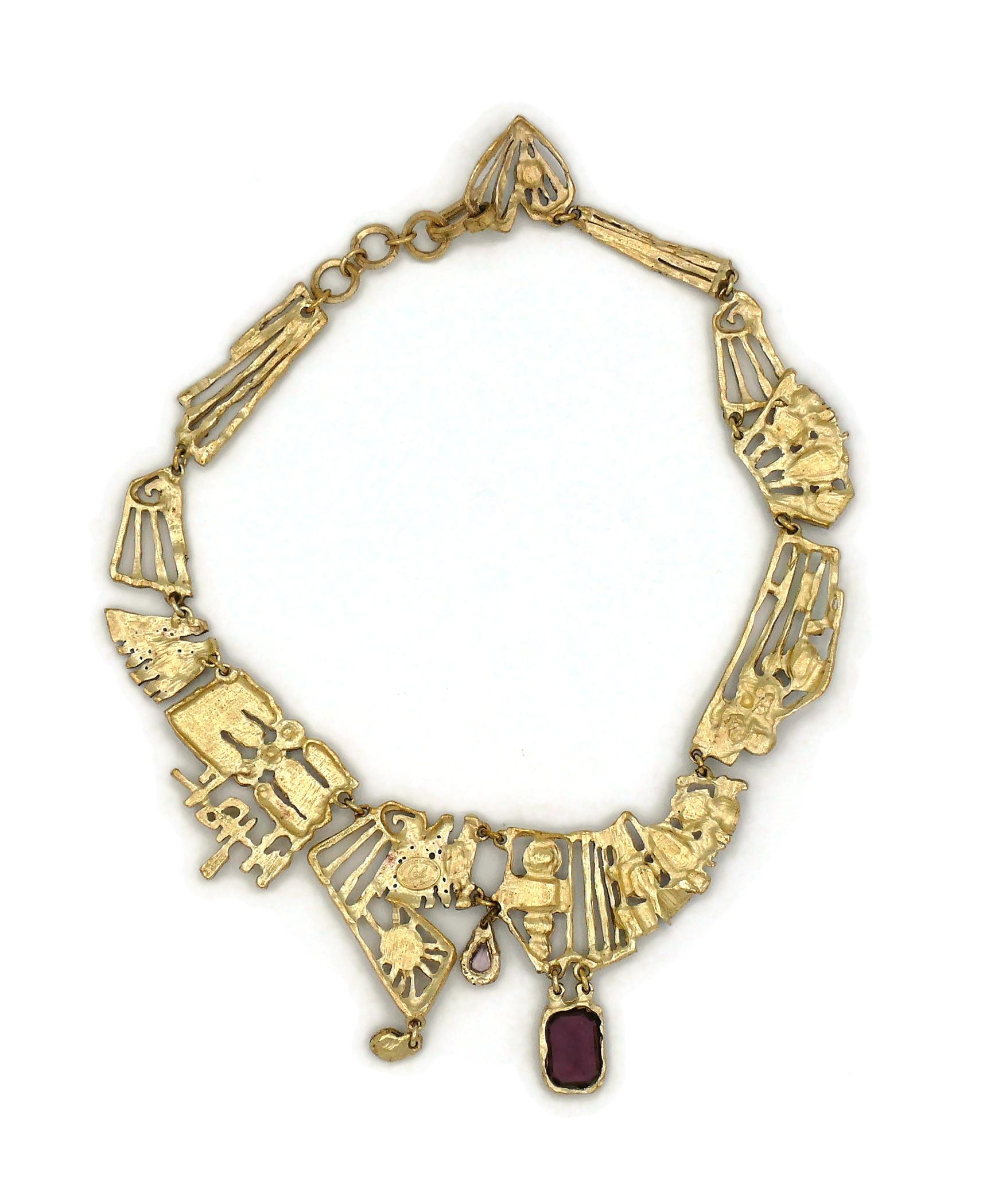 Christian Lacroix Vintage Jewelled Gold Toned Openwork Brutalist Necklace For Sale 6