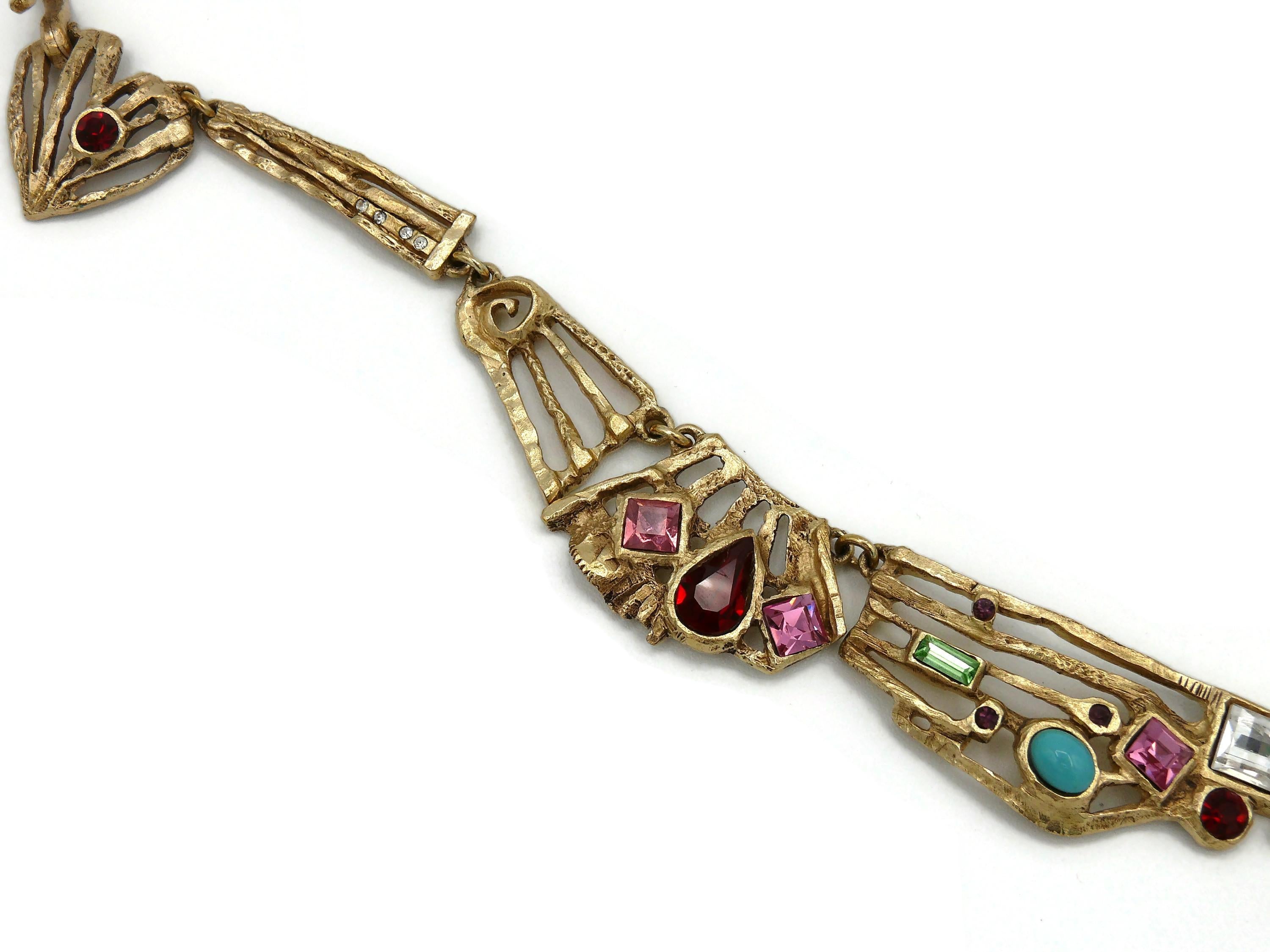 Christian Lacroix Vintage Jewelled Gold Toned Openwork Brutalist Necklace For Sale 1