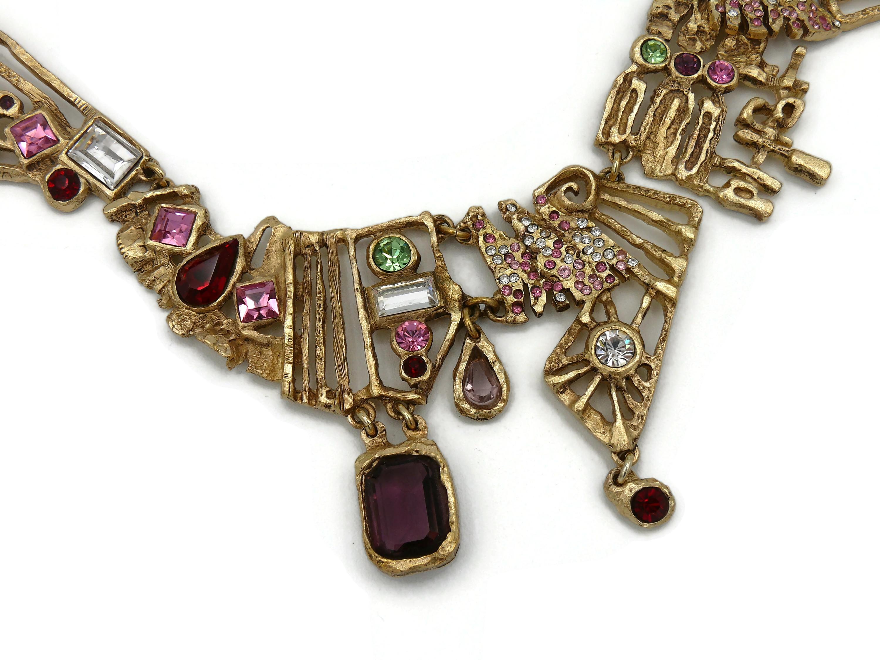 Christian Lacroix Vintage Jewelled Gold Toned Openwork Brutalist Necklace For Sale 3