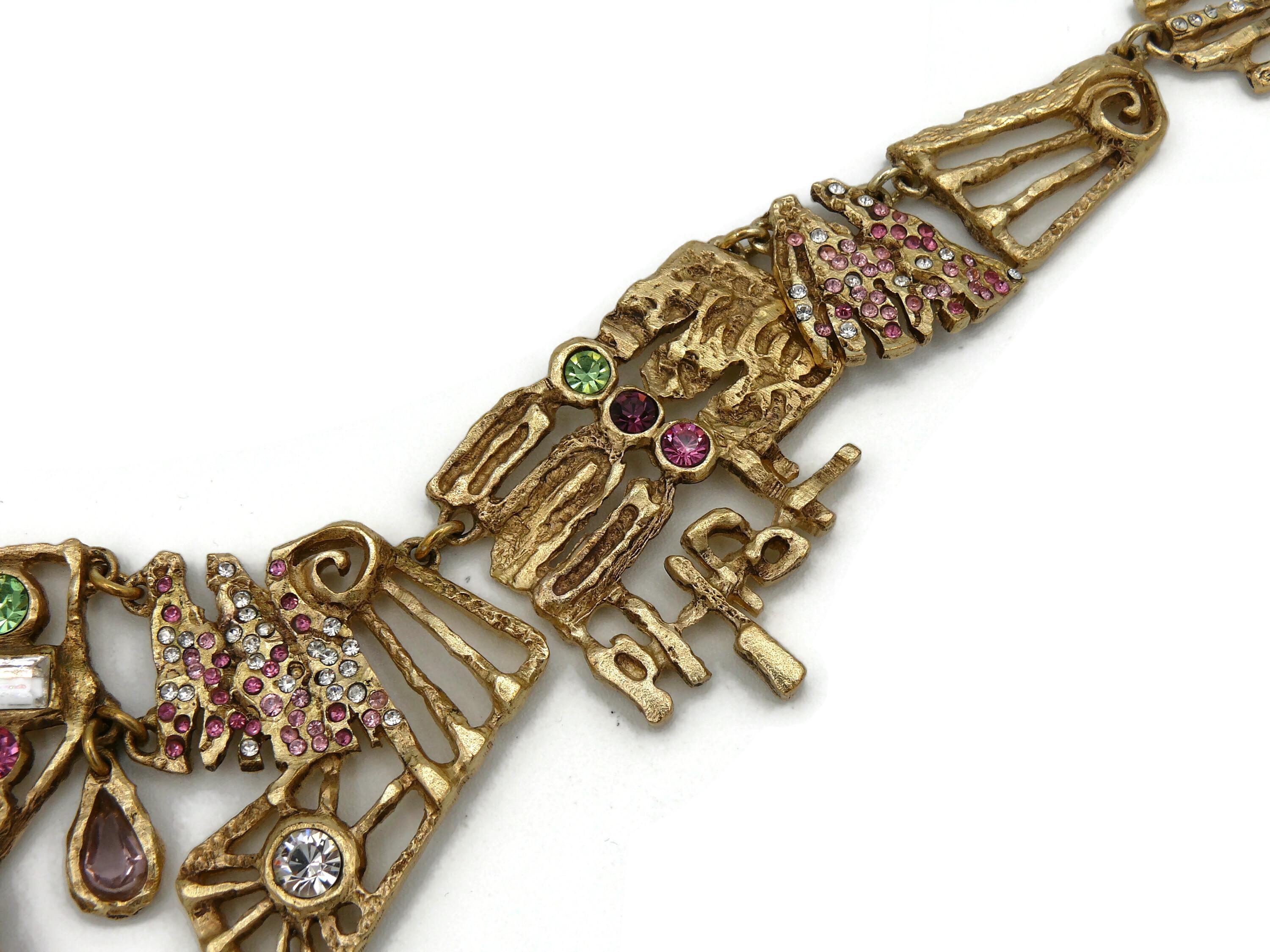 Christian Lacroix Vintage Jewelled Gold Toned Openwork Brutalist Necklace For Sale 4