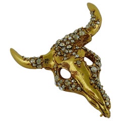 Christian Lacroix Vintage Jewelled Gold Toned Ox Skull Brooch