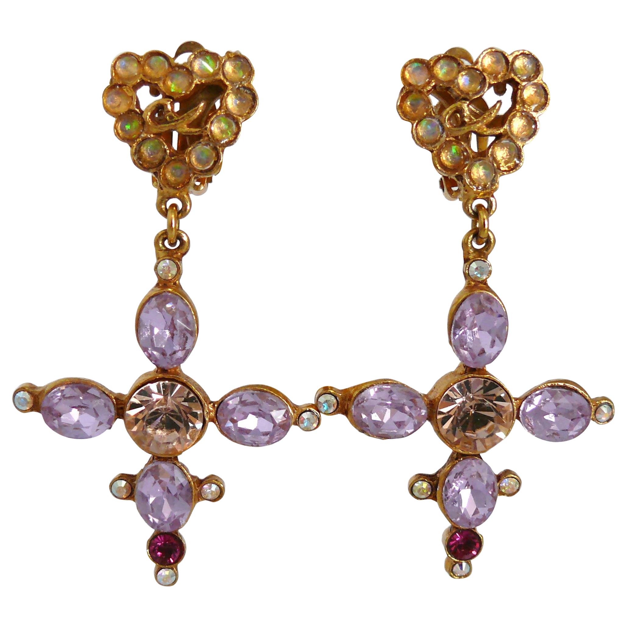 Christian Lacroix Vintage Jewelled Heart and Cross Dangling Earrings
