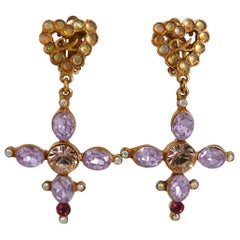 Christian Lacroix Vintage Jewelled Heart and Cross Dangling Earrings