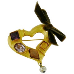 Christian Lacroix Vintage Jewelled Heart Brooch with Velvet Bow