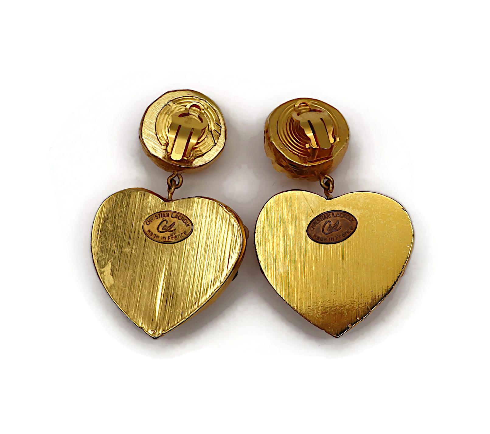 CHRISTIAN LACROIX Vintage Jewelled Heart Dangling Earrings For Sale 2