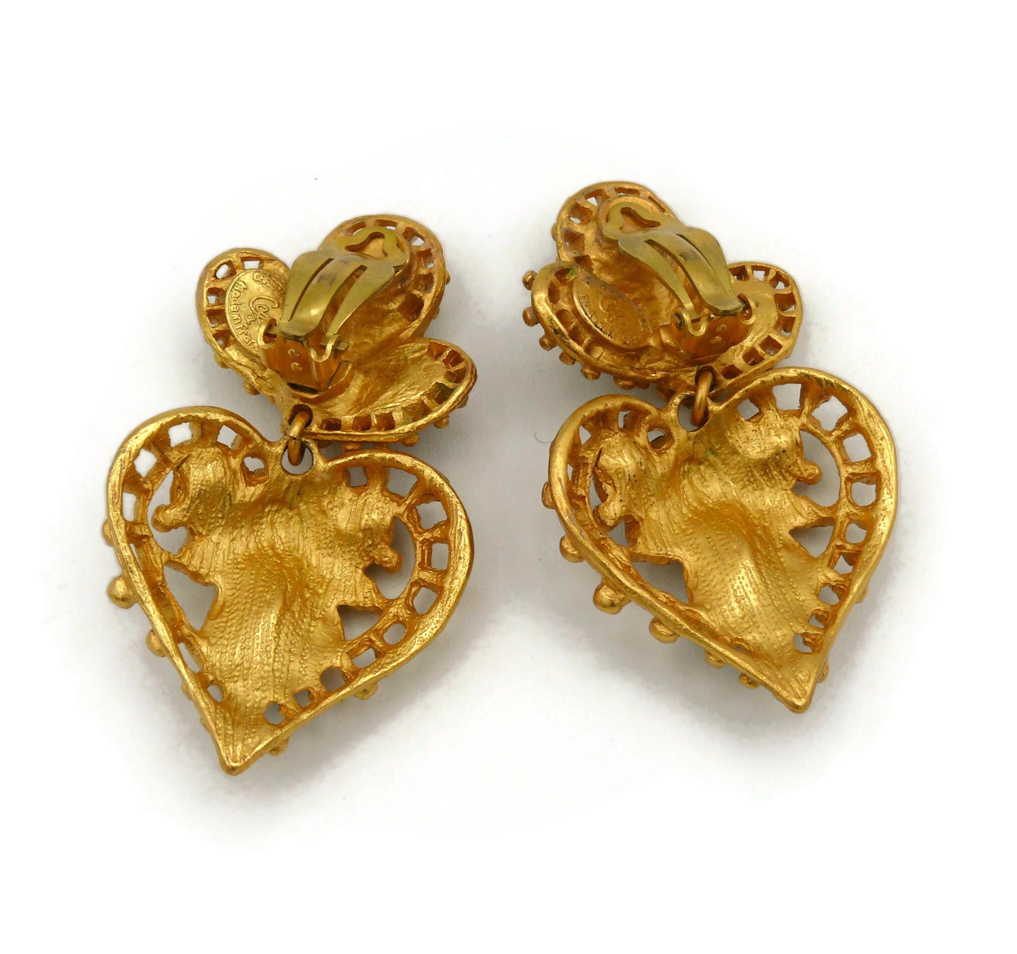 CHRISTIAN LACROIX Vintage Jewelled Heart Dangling Earrings For Sale 3
