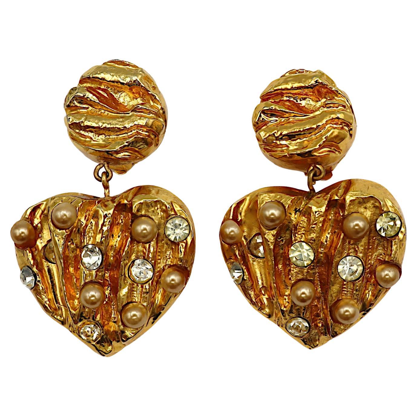 CHRISTIAN LACROIX Vintage Jewelled Heart Dangling Earrings For Sale