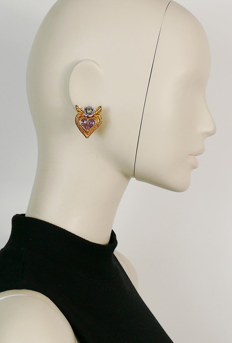 Christian Lacroix Vintage Jewelled Heart Flower Clip On Earrings at 1stDibs