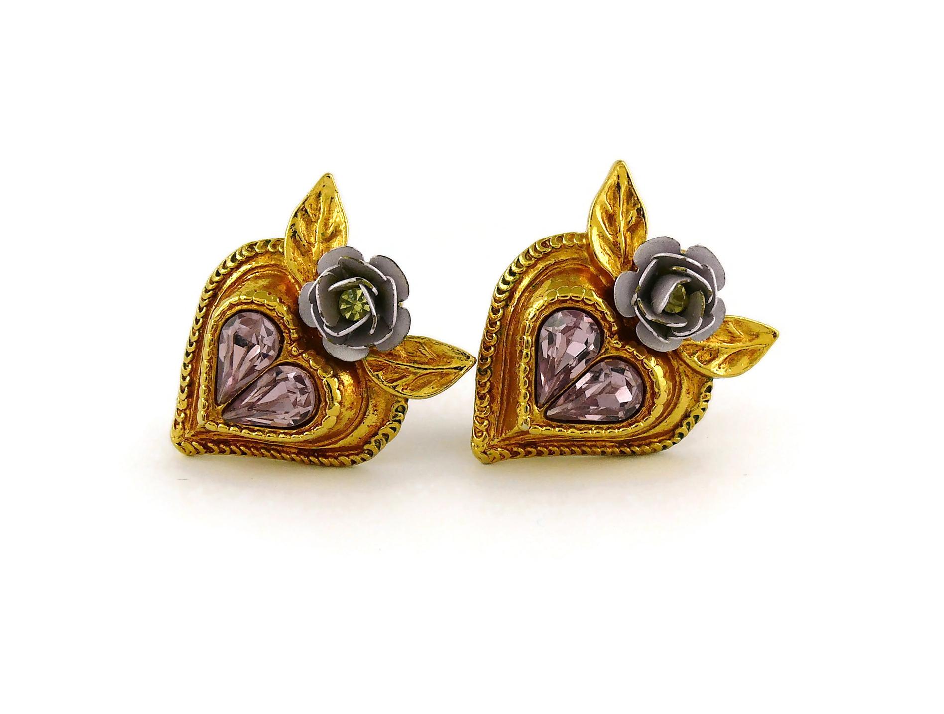 Christian Lacroix Vintage Jewelled Heart Flower Clip On Earrings In Good Condition In Nice, FR