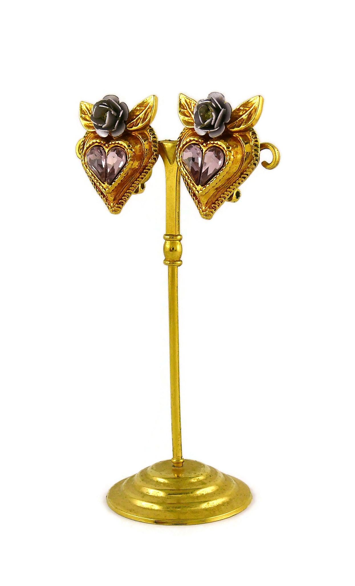Christian Lacroix Vintage Jewelled Heart Flower Clip On Earrings 2