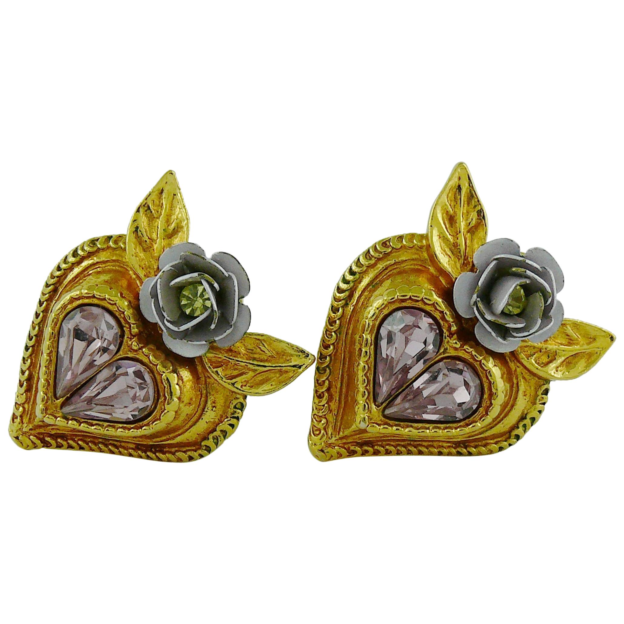 Christian Lacroix Vintage Jewelled Heart Flower Clip On Earrings