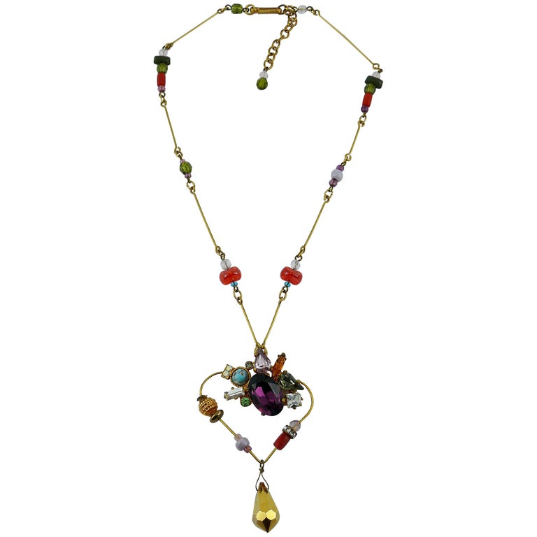 Christian Lacroix Vintage Jewelled Heart Pendant Necklace For Sale at