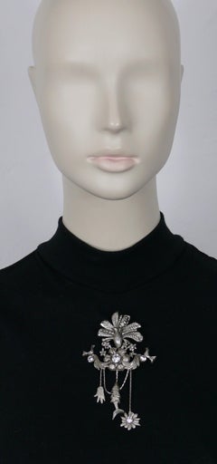 CHRISTIAN LACROIX Vintage Jewelled Silver Tone Birds Brooch