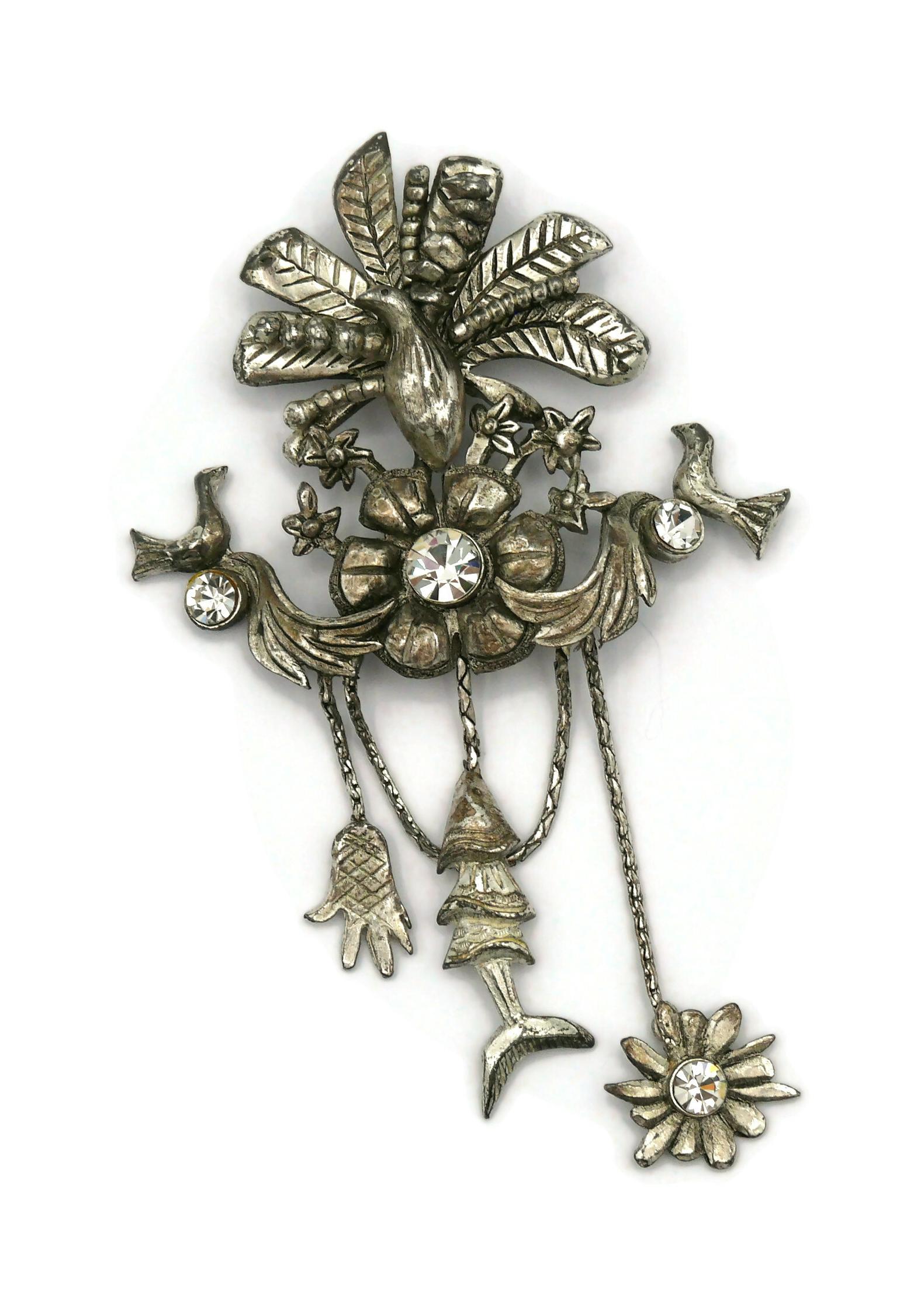 CHRISTIAN LACROIX Vintage-Brosche mit Juwelen und silberfarbenen Vögeln Damen im Angebot