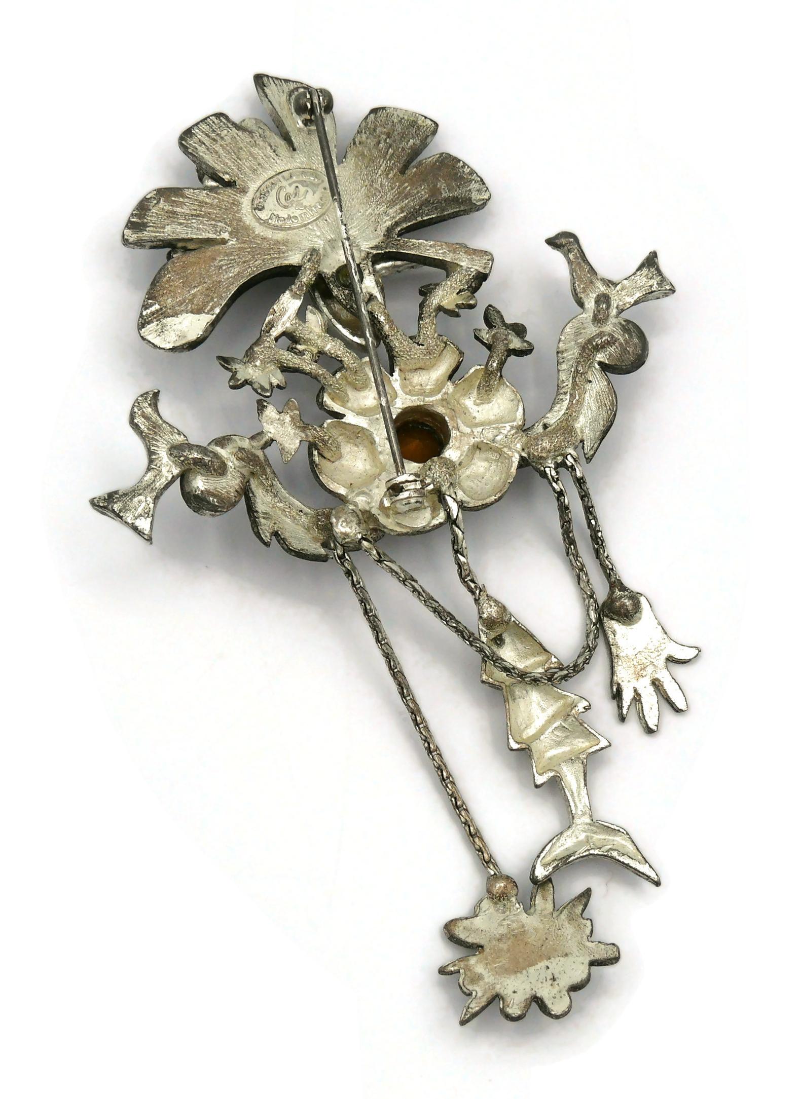 CHRISTIAN LACROIX Vintage Jewelled Silver Tone Birds Brooch For Sale 4