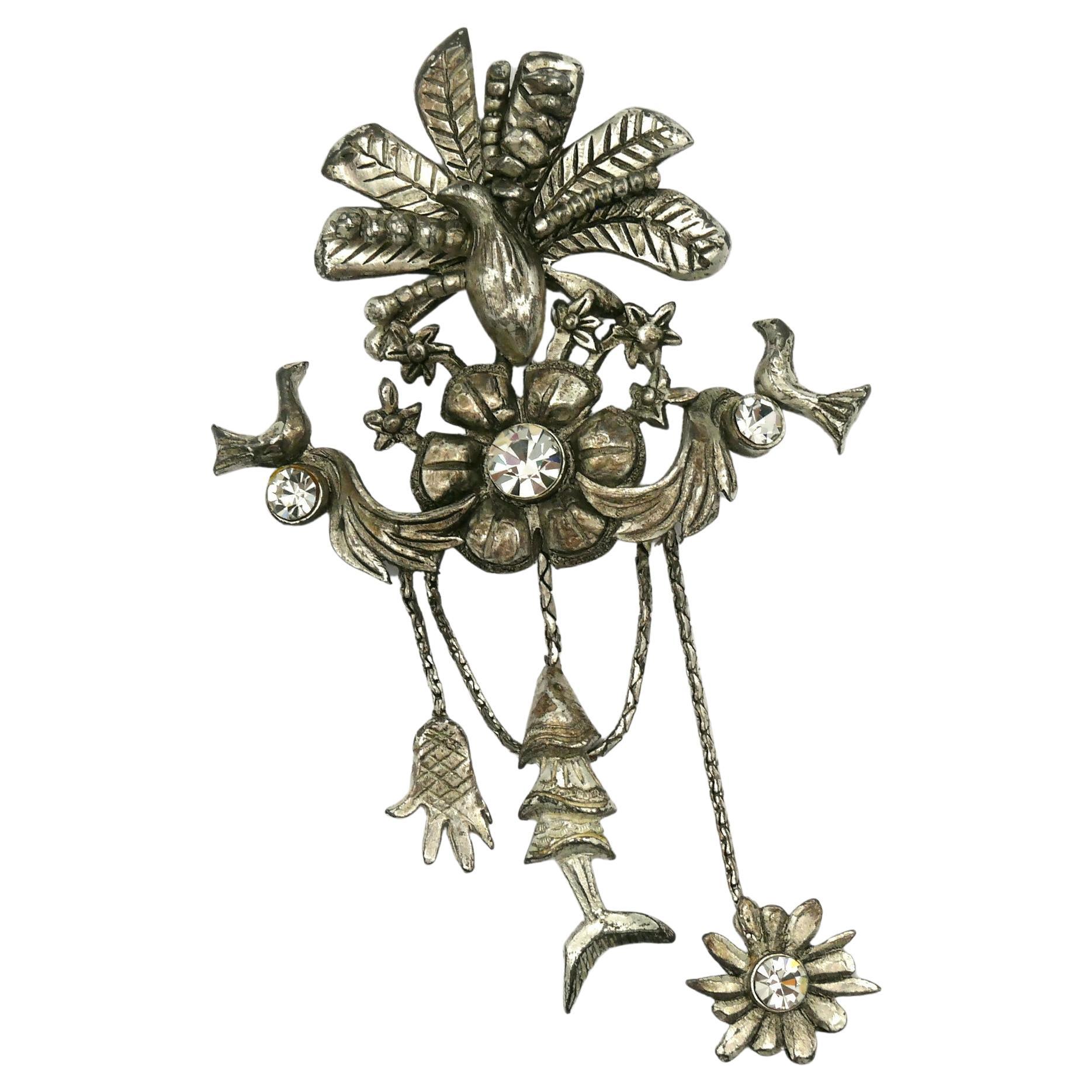 CHRISTIAN LACROIX Vintage-Brosche mit Juwelen und silberfarbenen Vögeln im Angebot