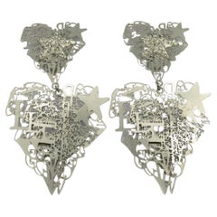 CHRISTIAN LACROIX Vintage Jewelled Silver Tone Heart Stars Dangling Earrings