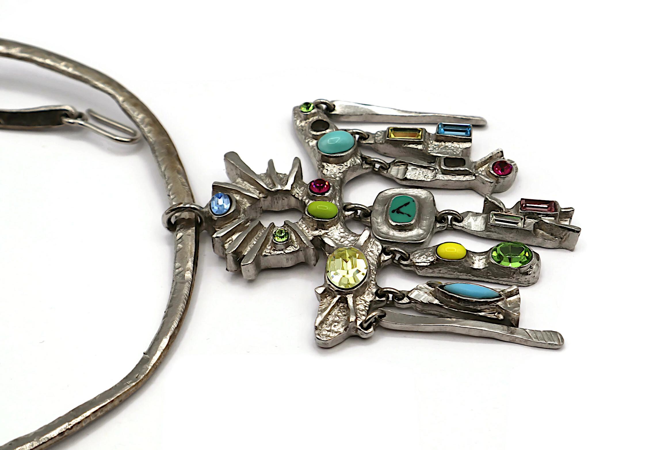CHRISTIAN LACROIX Vintage Jewelled Silver Tone Pendant Torque Necklace For Sale 3