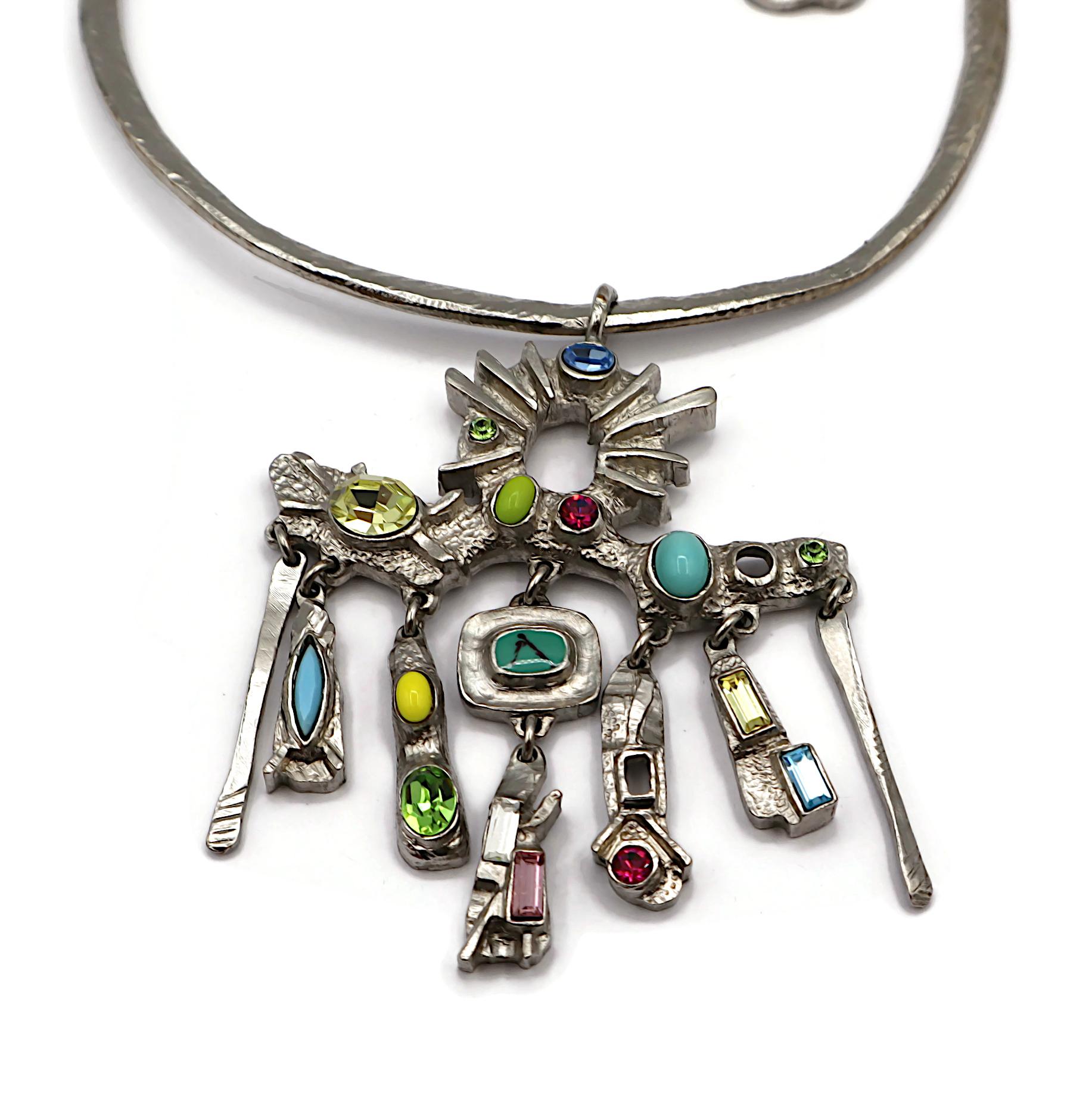 CHRISTIAN LACROIX Vintage Jewelled Silver Tone Pendant Torque Necklace For Sale 4
