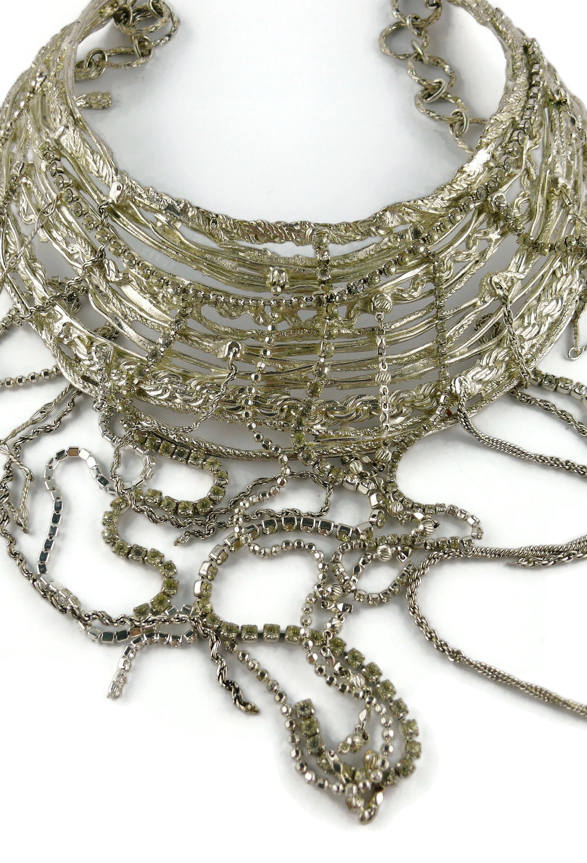 Christian Lacroix Vintage Jewelled Silver Toned Bib Necklace For Sale 2