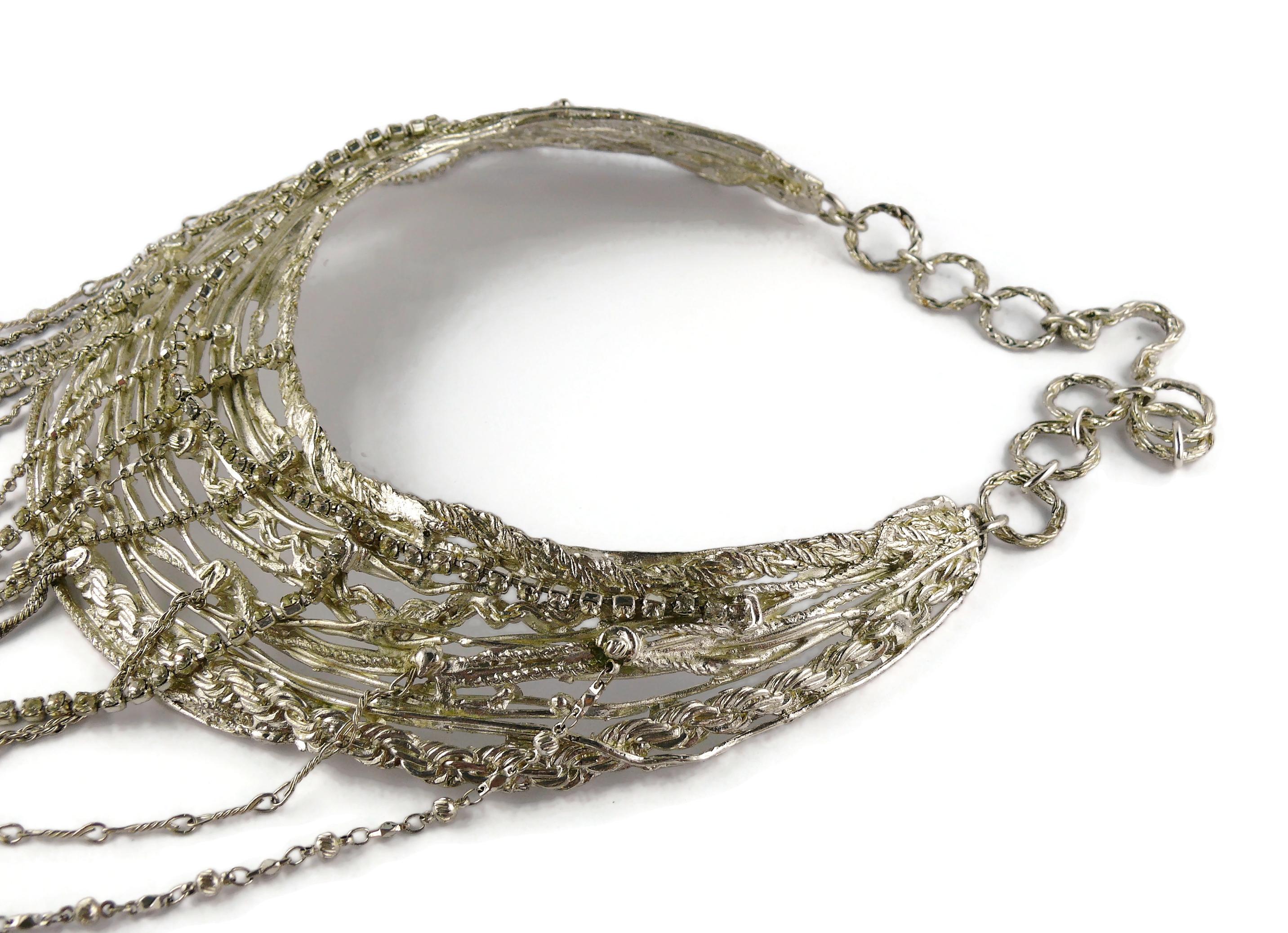 Christian Lacroix Vintage Jewelled Silver Toned Bib Necklace For Sale 4