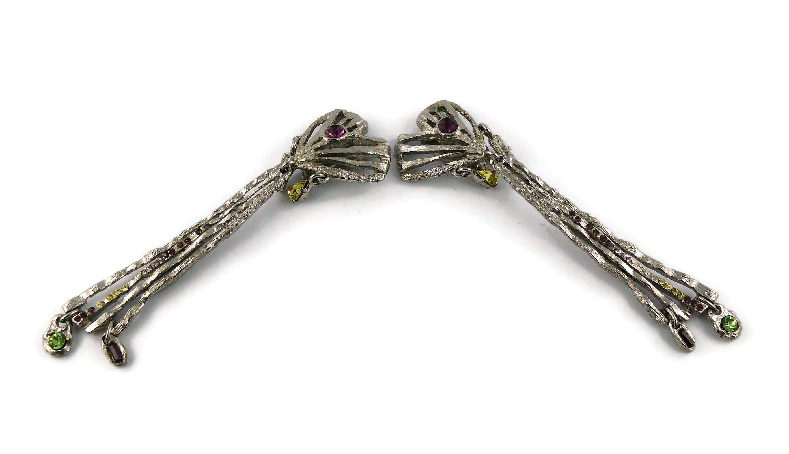 Women's Christian Lacroix Vintage Jewelled Silver Toned Brutalist Dangling Earrings For Sale