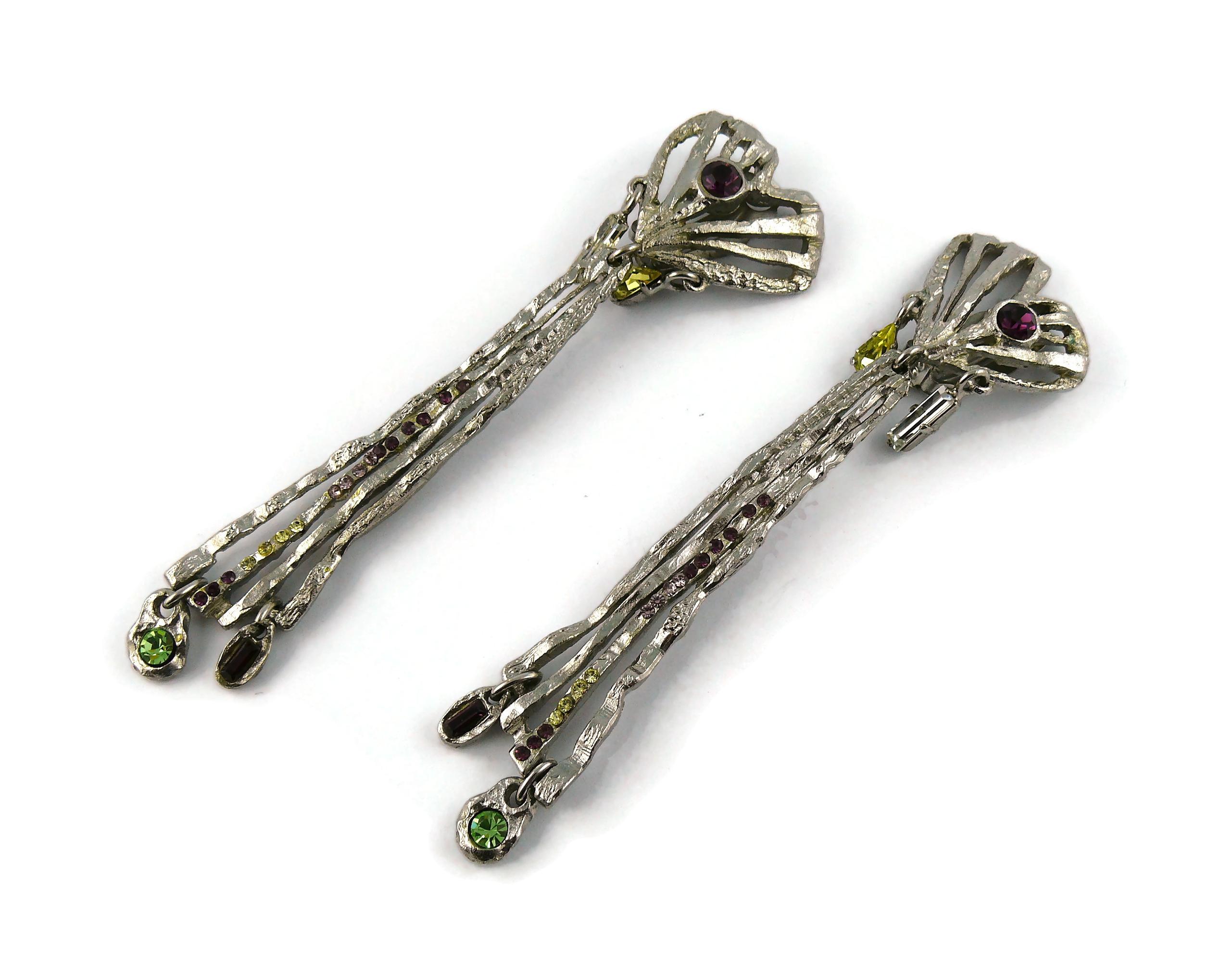 Christian Lacroix Vintage Jewelled Silver Toned Brutalist Dangling Earrings For Sale 1