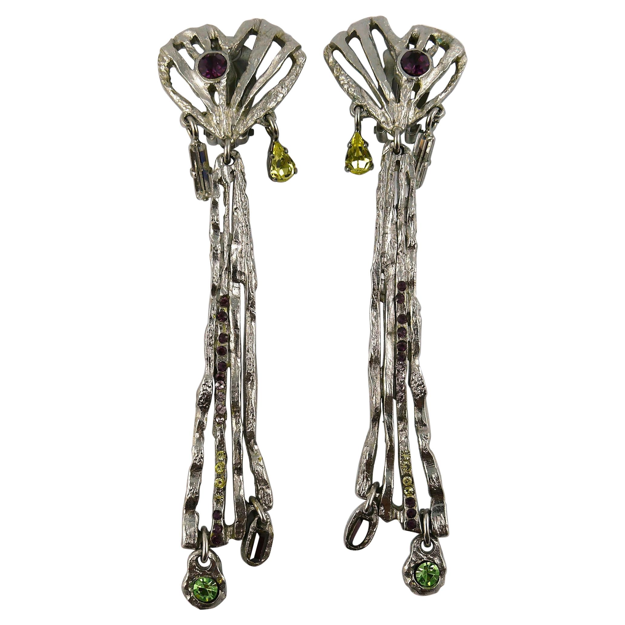 Christian Lacroix Vintage Jewelled Silver Toned Brutalist Dangling Earrings For Sale