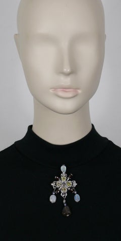 CHRISTIAN LACROIX Vintage Jewelled Sterling Silver Cross Brooch Pendant
